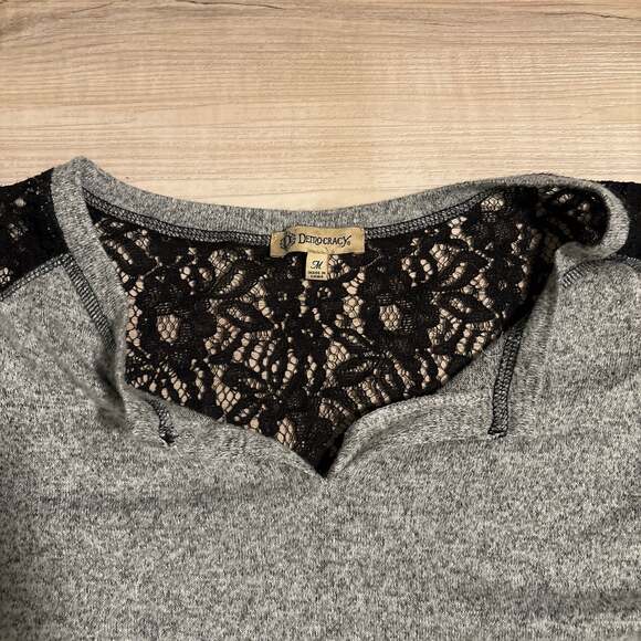 Democracy Gray With Black Lace Split V-Neck - Picture 2 of 3